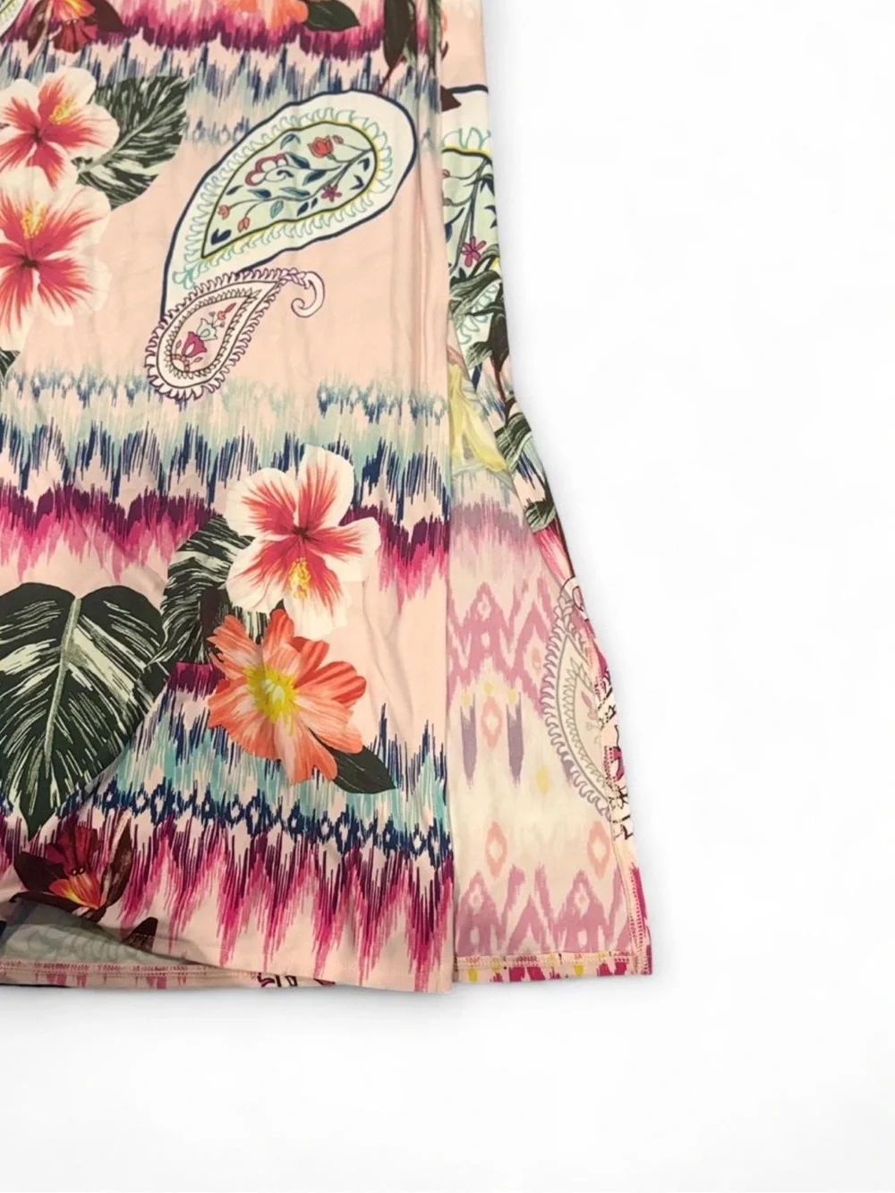 Chico’s 1 Tropical Floral Paisley Maxi Skirt with Side Slit in Peach and Pink